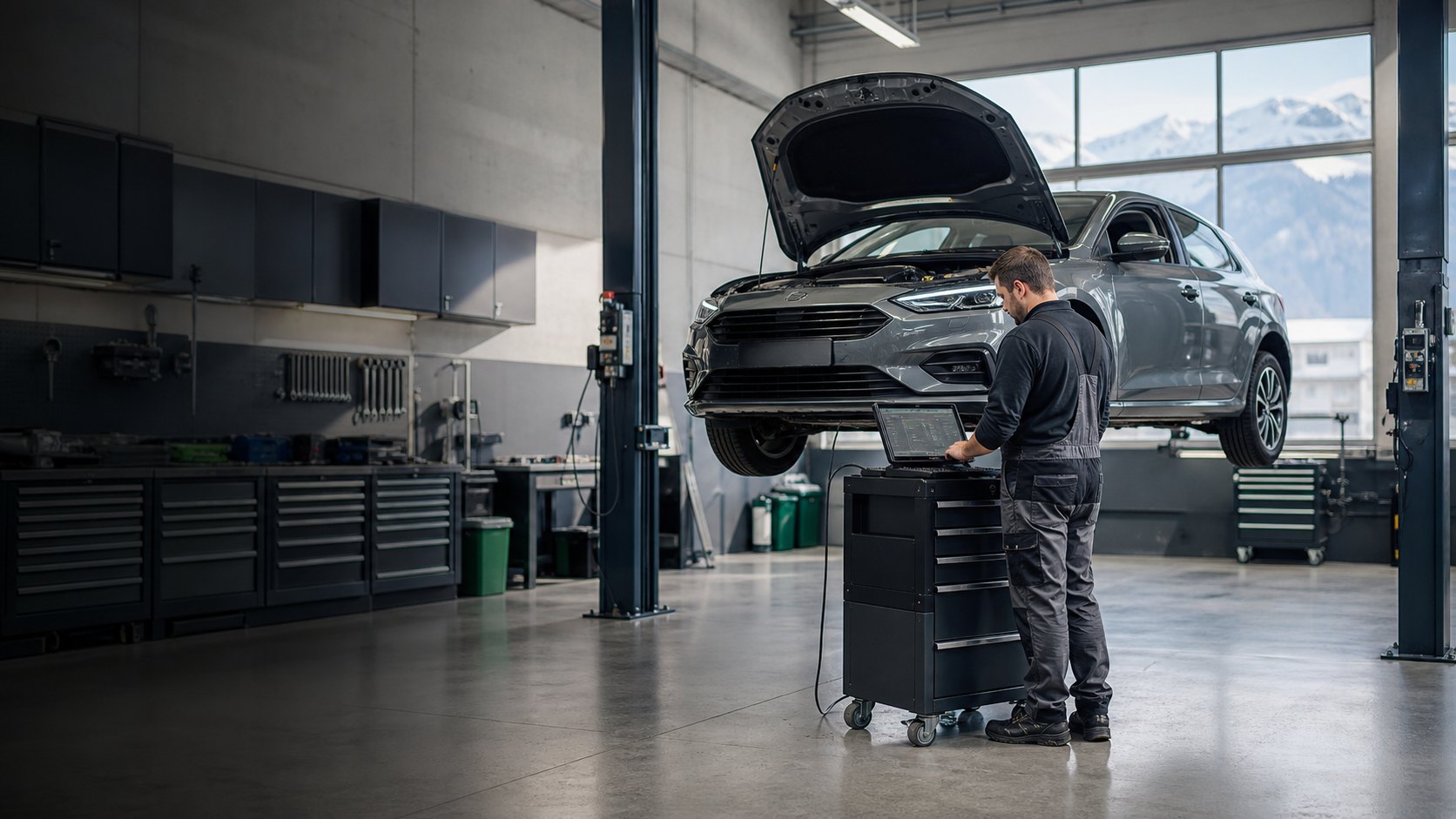 Mechaniker prüft ein Fahrzeug in einer modernen Autowerkstatt in der Schweiz